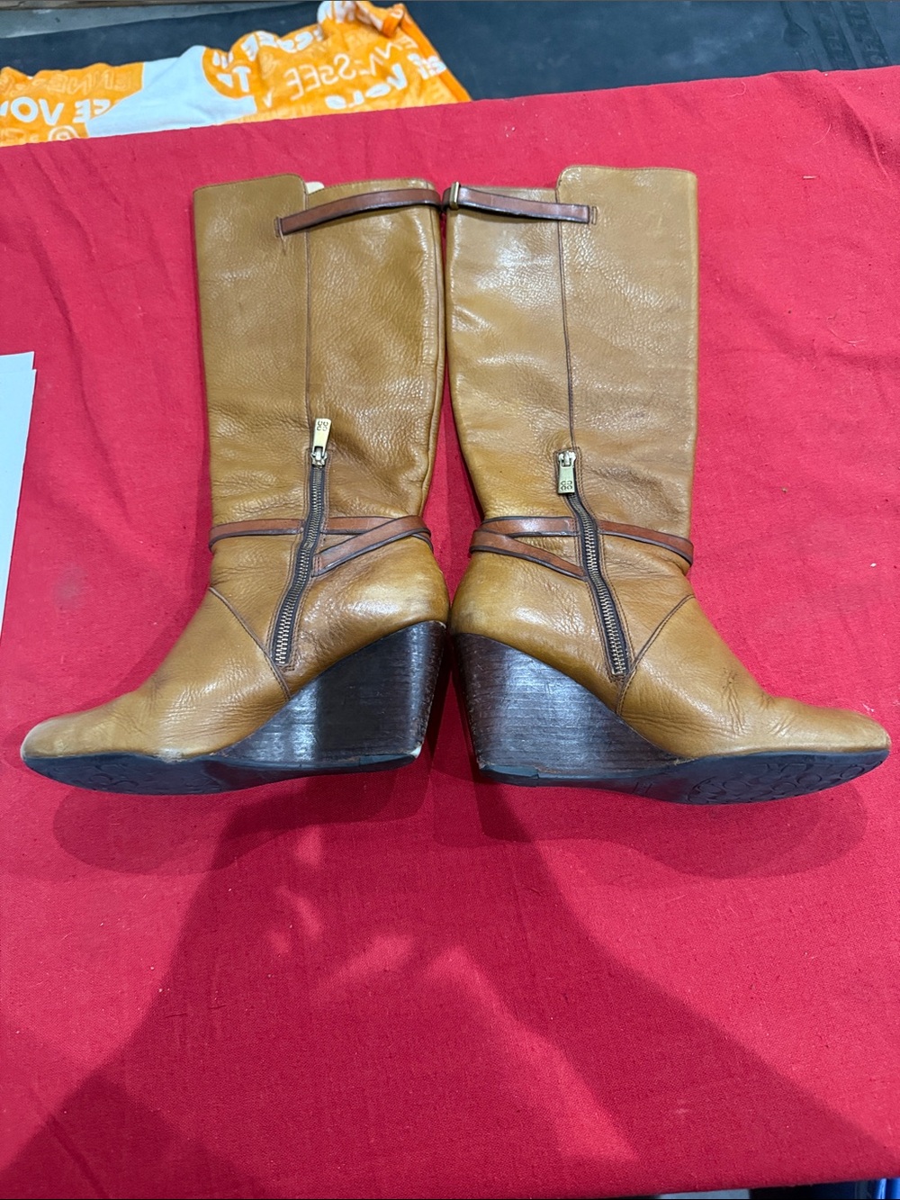 Coach Tan Leather Wedge Boots with Brown Strap Accents - Picture 2 of 6